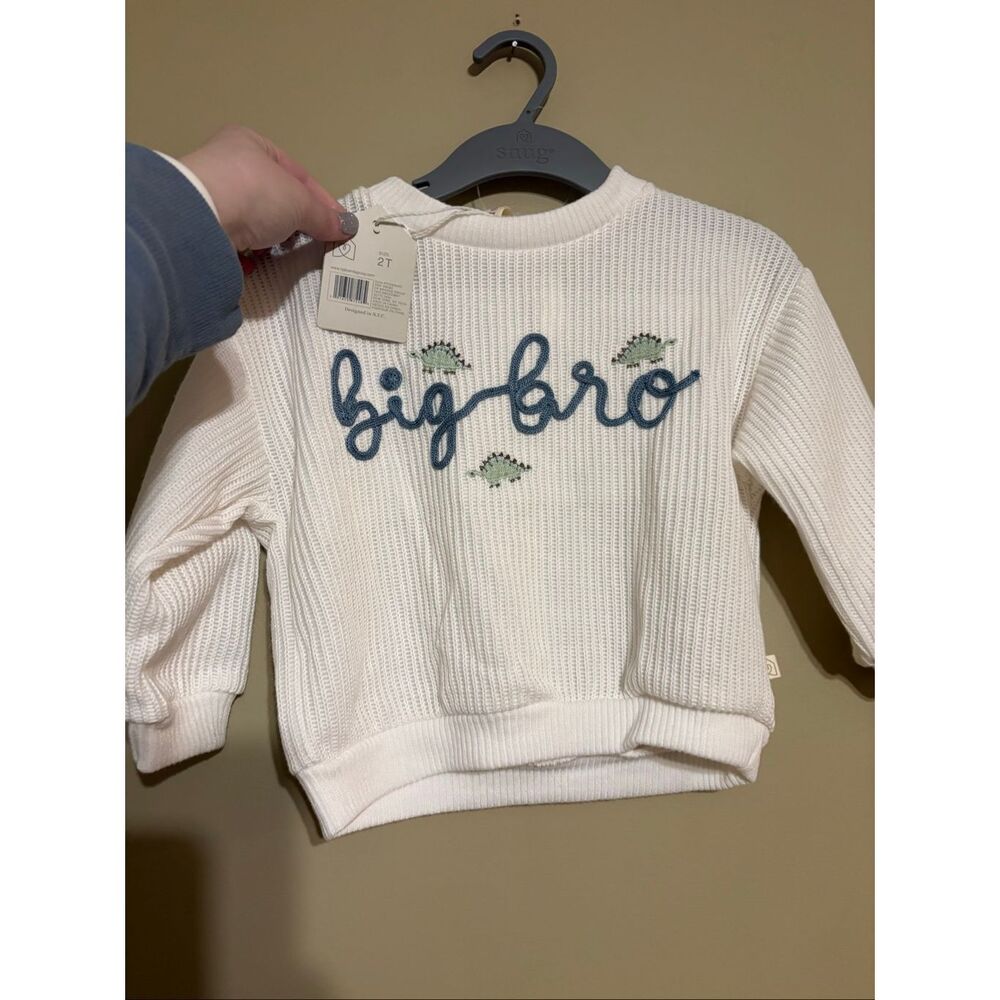 Snug Toddler Boy Knit Embroidered White Sweater Dinosaur Big Bro 2T NWT